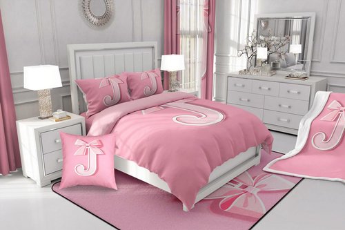 jejeloiu Pink Bowknot Bed Set, Twin Size, Decor Personalized Teen Girl Gifts Ultra Soft Initial Letter J 7 Pieces Beeding Set, Girly Romantic Bed in a Bag with Comforter, Sheets, Pillowcases