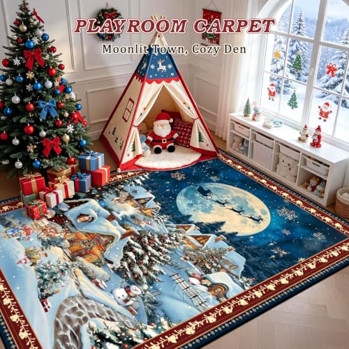 Christmas Washable Area Rug 6x9Ft - Red & Blue Holiday Decor, Rectangular