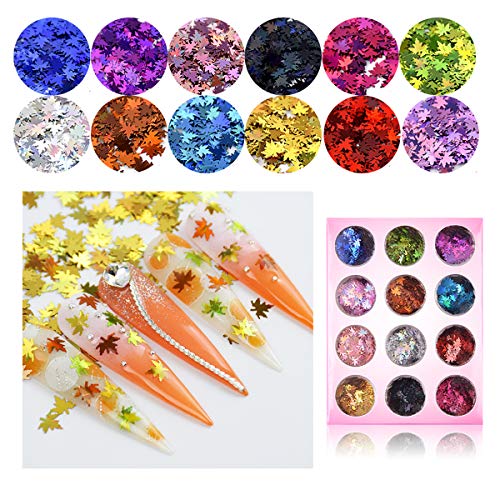 MEILINDS 3D Fall Maple Leaf Nail Art Sequins 12 Colors Holographic Glitter