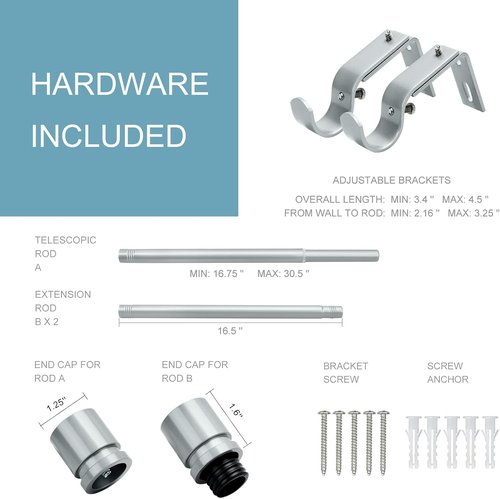 Byondeth Curtain Rod - Adjustable 16 to 60 Inches | 1-Inch Diameter with Aluminum End Cap, Silver Gray