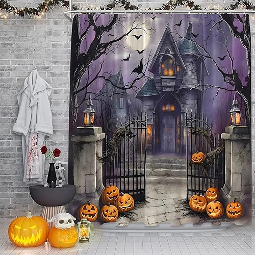 ZNLSU Halloween Shower Curtain - Scary Night Full Moon Gothic Haunted House & Pumpkin Design - 70x70 Inches, Purple Gray with Hooks