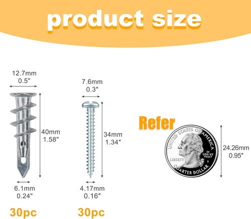 KURUI Zinc Self-Drilling Drywall Anchors Kit - 60PCs Heavy Duty 75LB Capacity | 30 Anchors & Screws