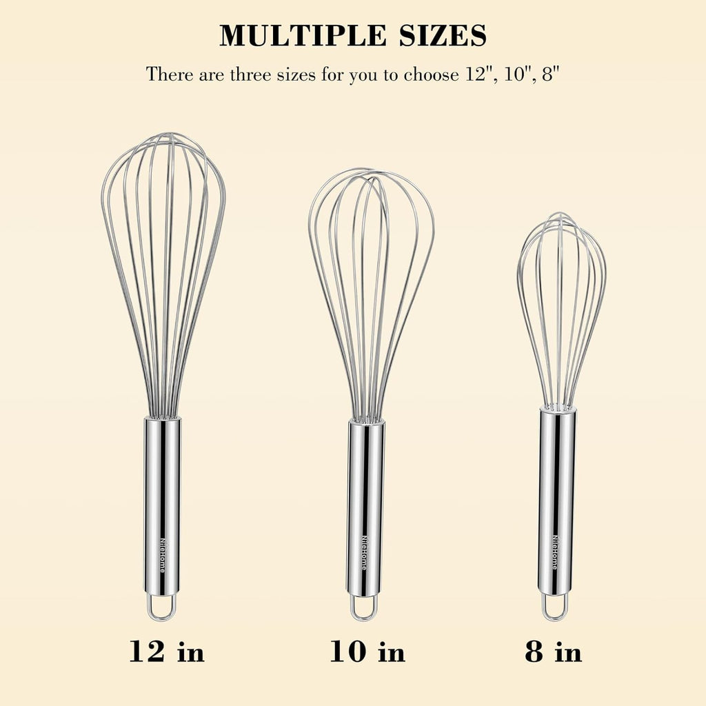 NileHome Stainless Steel Whisk Set - 3 Pack Kitchen Whisks for Cooking, Blending & Beating | 8", 10", 12" Sizes