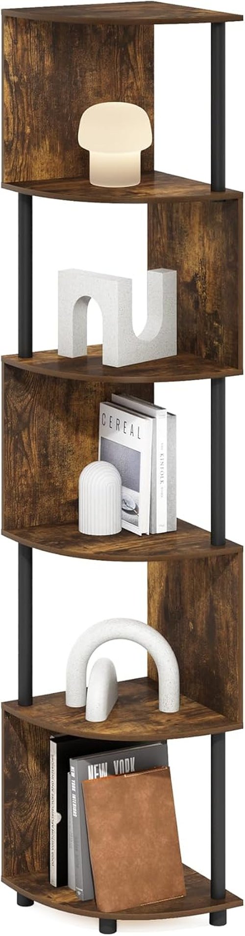 Furinno ECON Corner Shelf - 5-Tier Zigzag Book Shelf for Stylish Organization | Amber Pine Finish