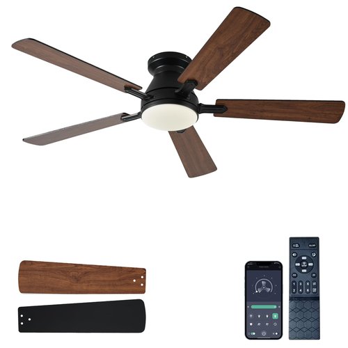 Ayaoty 54 inch Ceiling Fans with Lights and Remote, Low Profile Ceiling Fan with Light, Flush Mount, Reversible, 3CCT, Dimmable, Noiseless, Brown Ceiling Fan for Bedroom, Indoor/Outdoor Use