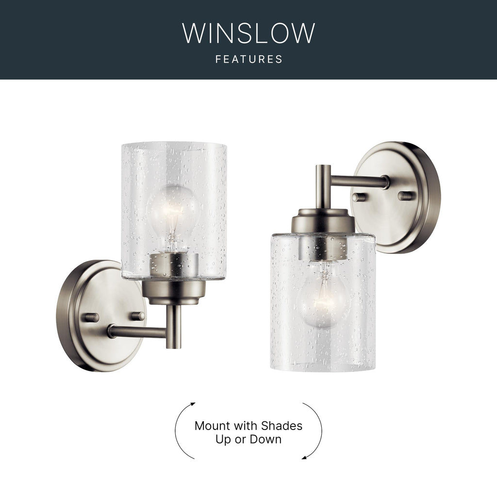 Kichler Winslow 9.25" Wall Sconce in Brushed Nickel, 1-Light Modern Wall Mount Fixture with Clear Seeded Glass , 45910NI