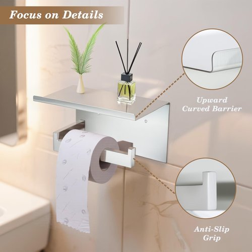 Aneder Wall Mounted Toilet Paper Holder with Shelf, Brushed Nickel Bathroom Tissue Roll Holder Storage Organizer for Phone, Book, Plant, Extra Roll, Easy Mount Hardware Included