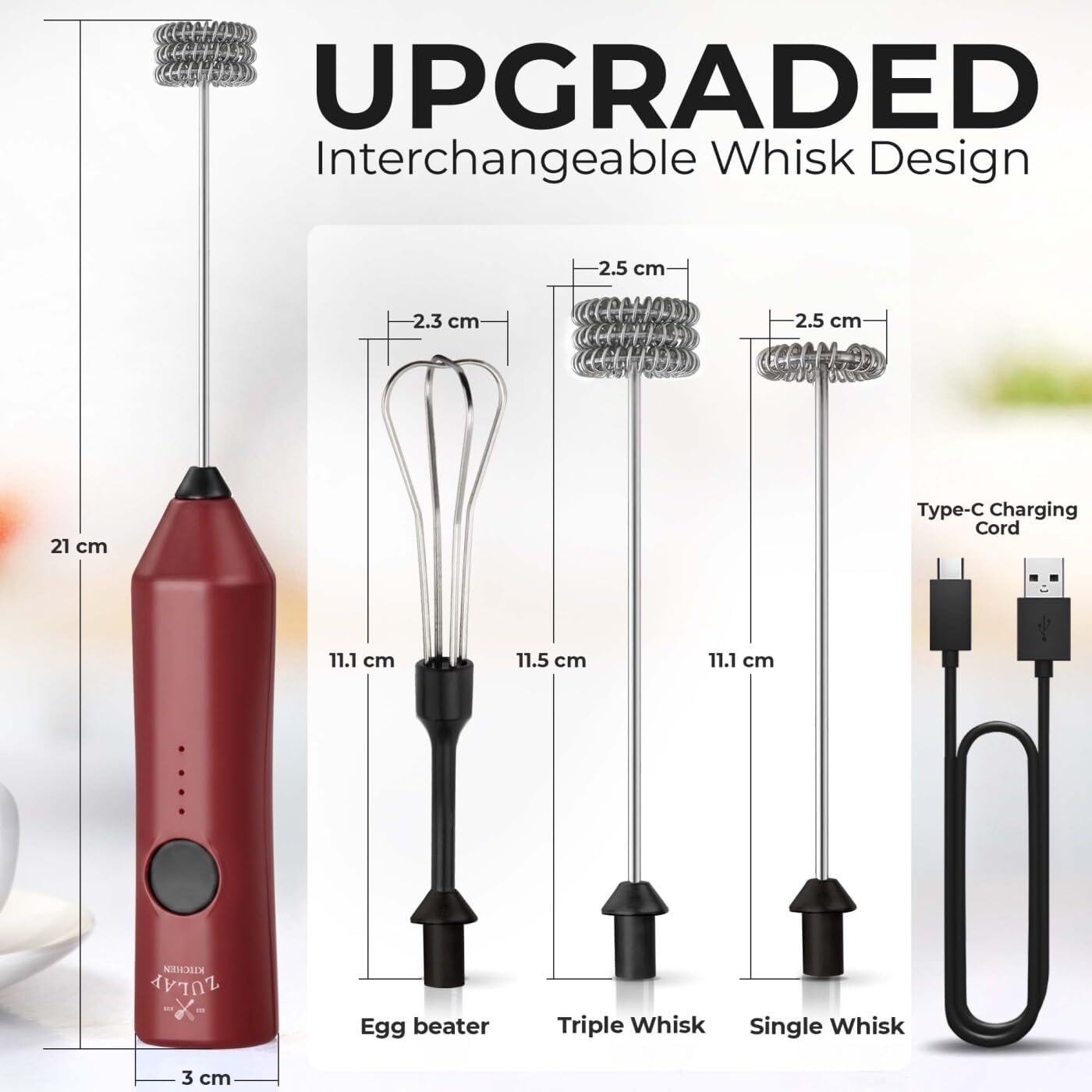 Zulay Kitchen Rechargeable Milk Frother - 3 Speeds & 3 Whisk Attachments - USB Charging for Lattes & Cappuccinos - Red/Black