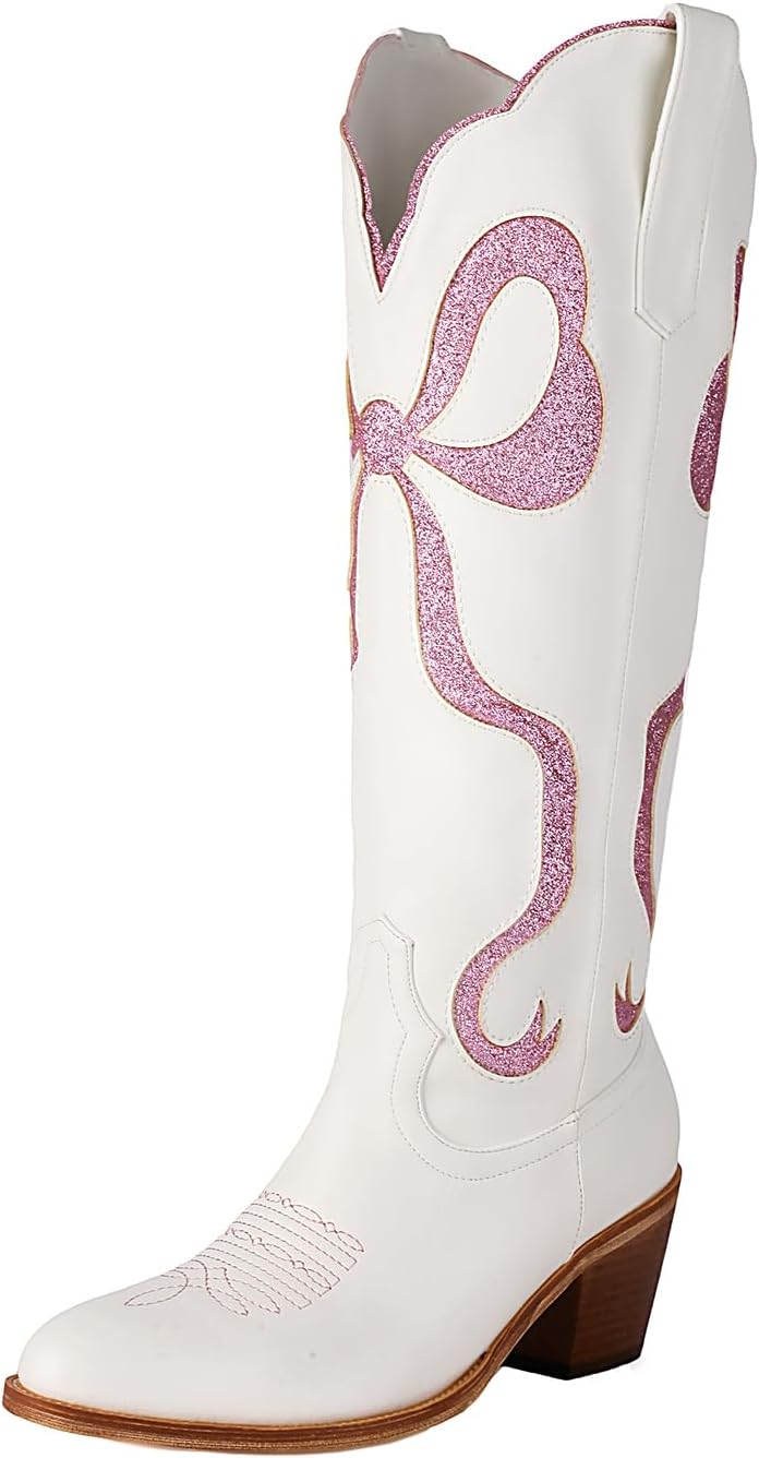 Skiennix Women's White Cowgirl Boots - Embroidered Knee High Design with Chunky Heel