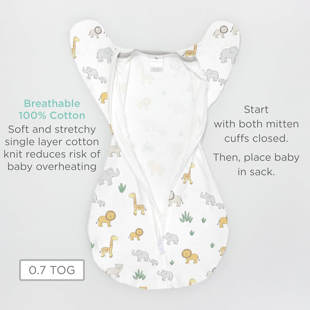 Skiennix Baby Swaddle Sack - Transitional Design with Arms Up Sleeves & Mitten Cuffs | Small, 0-3 Months, On Safari