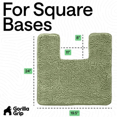 GORILLA GRIP Plush Chenille Bath Rug Mat - Soft Microfiber, Machine Washable, Sage Color, Fits Square Toilet Base