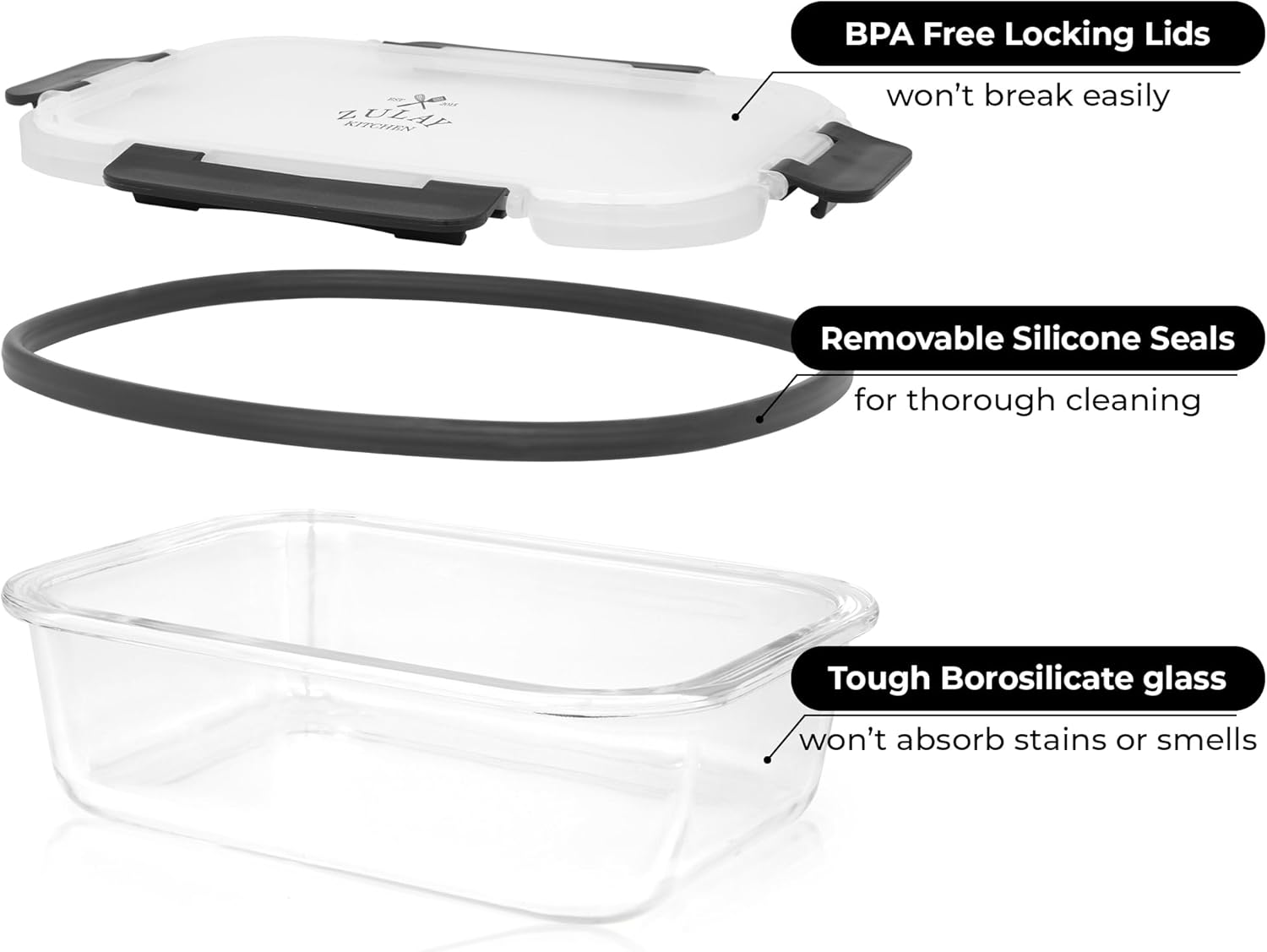 Zulay Kitchen 36oz Glass Tupperware Container Set - 5 Piece BPA-Free Borosilicate Storage | Leak-Proof & Oven Safe - Gray