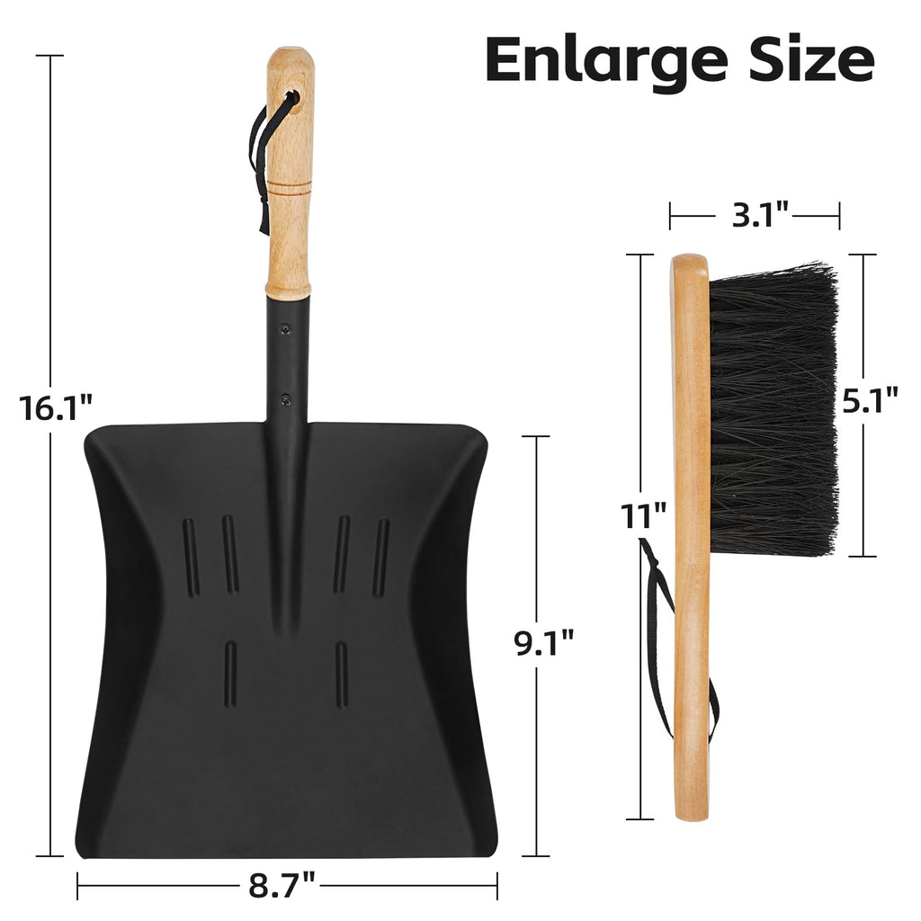 Permade Fireplace Ash Shovel and Brush Set, Coal Shovel and Hearth Brush Set, Fireplace Tools Set Indoor Outdoor Rust Resistant Made of Natural Wood & Coco Bristles for Easy Cleaning
