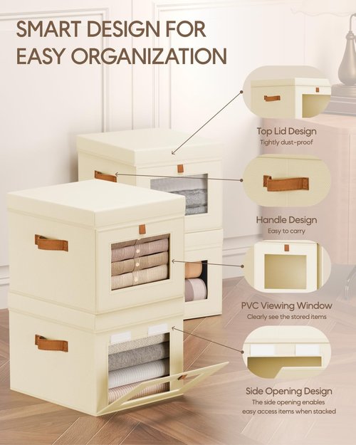 Homsorout Storage Bins with Lid - Foldable Fabric Organizer with Clear Window | 3 Pack, Beige