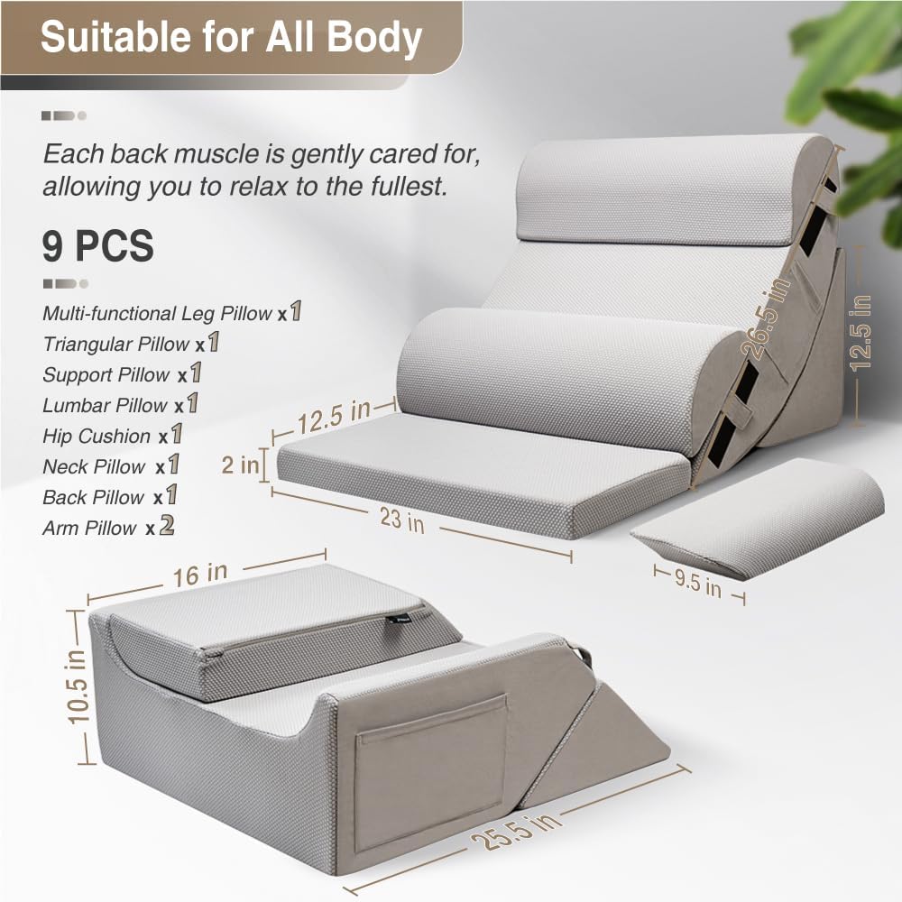 Skiennix 9PCS Orthopedic Bed Wedge Pillow Set - Adjustable Memory Foam for Back & Leg Pain Relief | Ideal for Surgery Recovery & GERD
