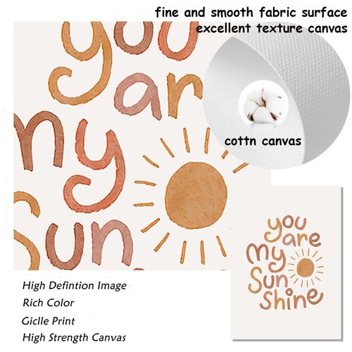 PUYIQARE You Are My Sunshine Canvas Wall Art Heart Rainbow Nursery Art Print Boho Wall Art Prints for Girls Room Decor Boho Sunshine Nursery Decor for Baby Kids Room Decor Unframed