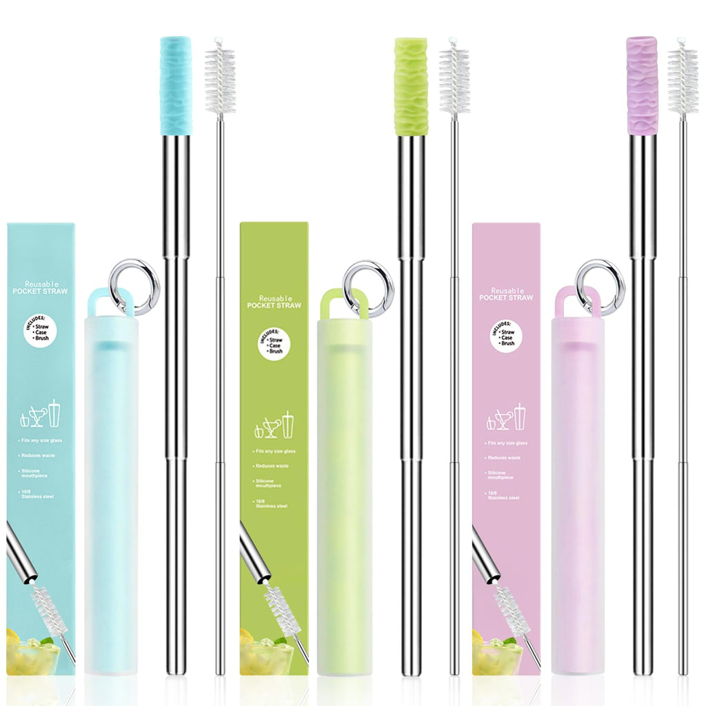 Reusable Straws 3Pack Metal Straw Foldable Portable Drinking Straw Travel Stainless Steel Straws Set with Case and Clean Brush
