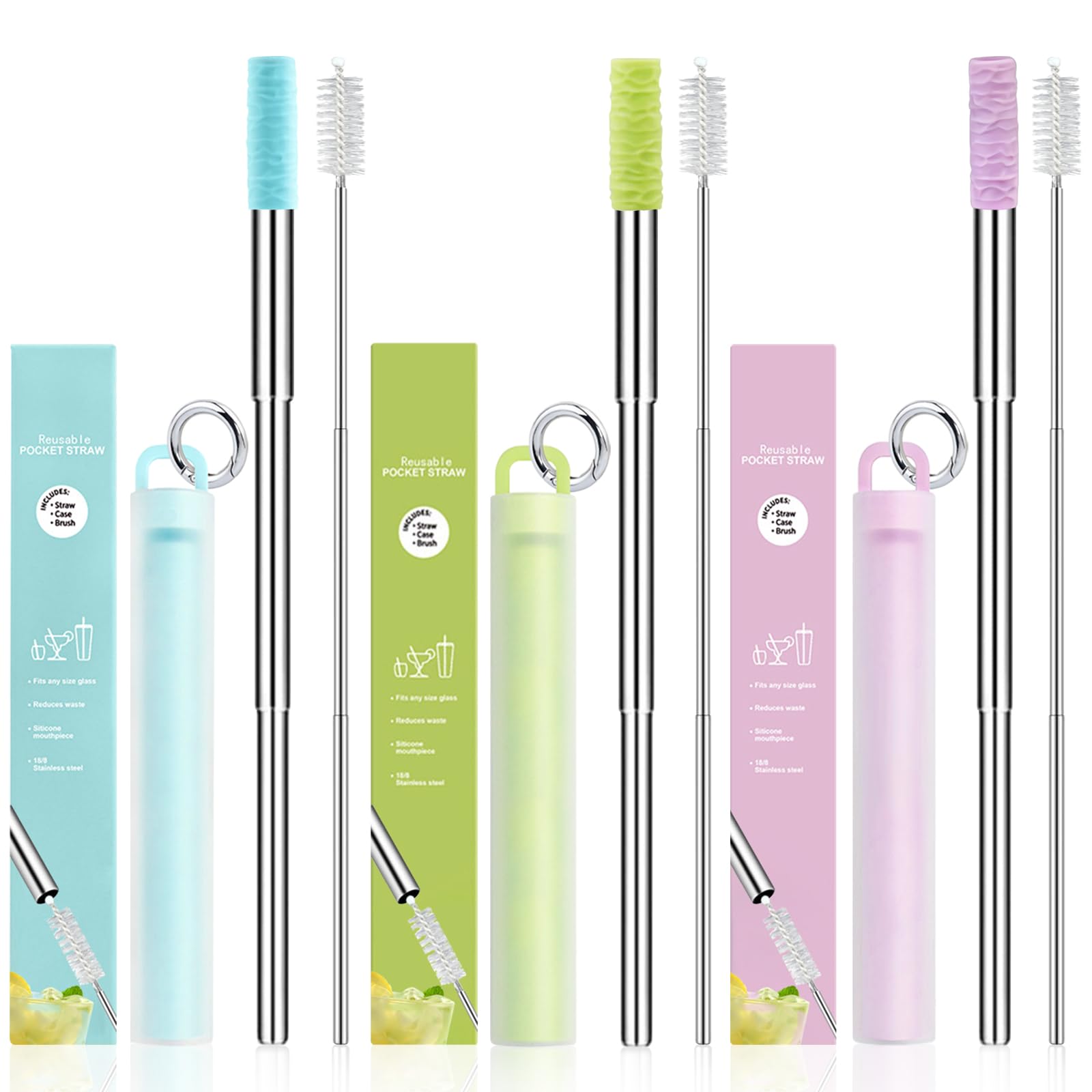 Reusable Straws 3Pack Metal Straw Foldable Portable Drinking Straw Travel Stainless Steel Straws Set with Case and Clean Brush
