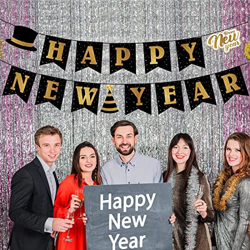 Happy New Year 2026 Banner - Elegant Black & Gold Party Decoration