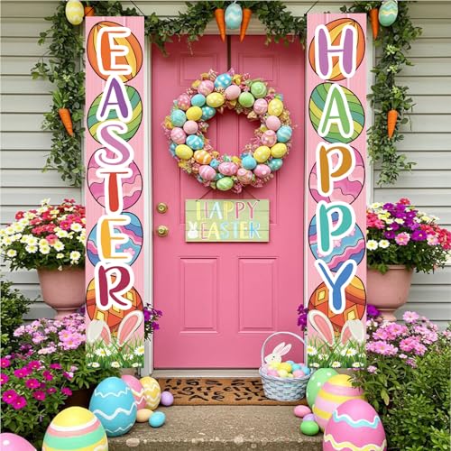 Easter Door Banner Porch Sign - Pink Bunny & Egg Spring Decor