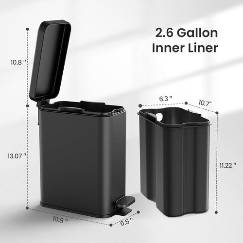 Cesun Bathroom Trash Can - 2.6 Gallon Black Waste Basket with Soft Close Lid & Step Pedal