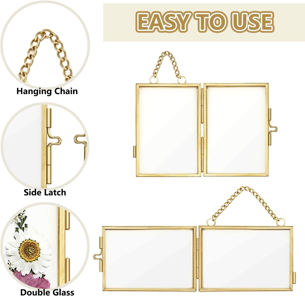 Skiennix Double Glass Frame - Mini Brass Wall Hanging Picture Frame for Pressed Flowers | 2x3 Inch, Gold