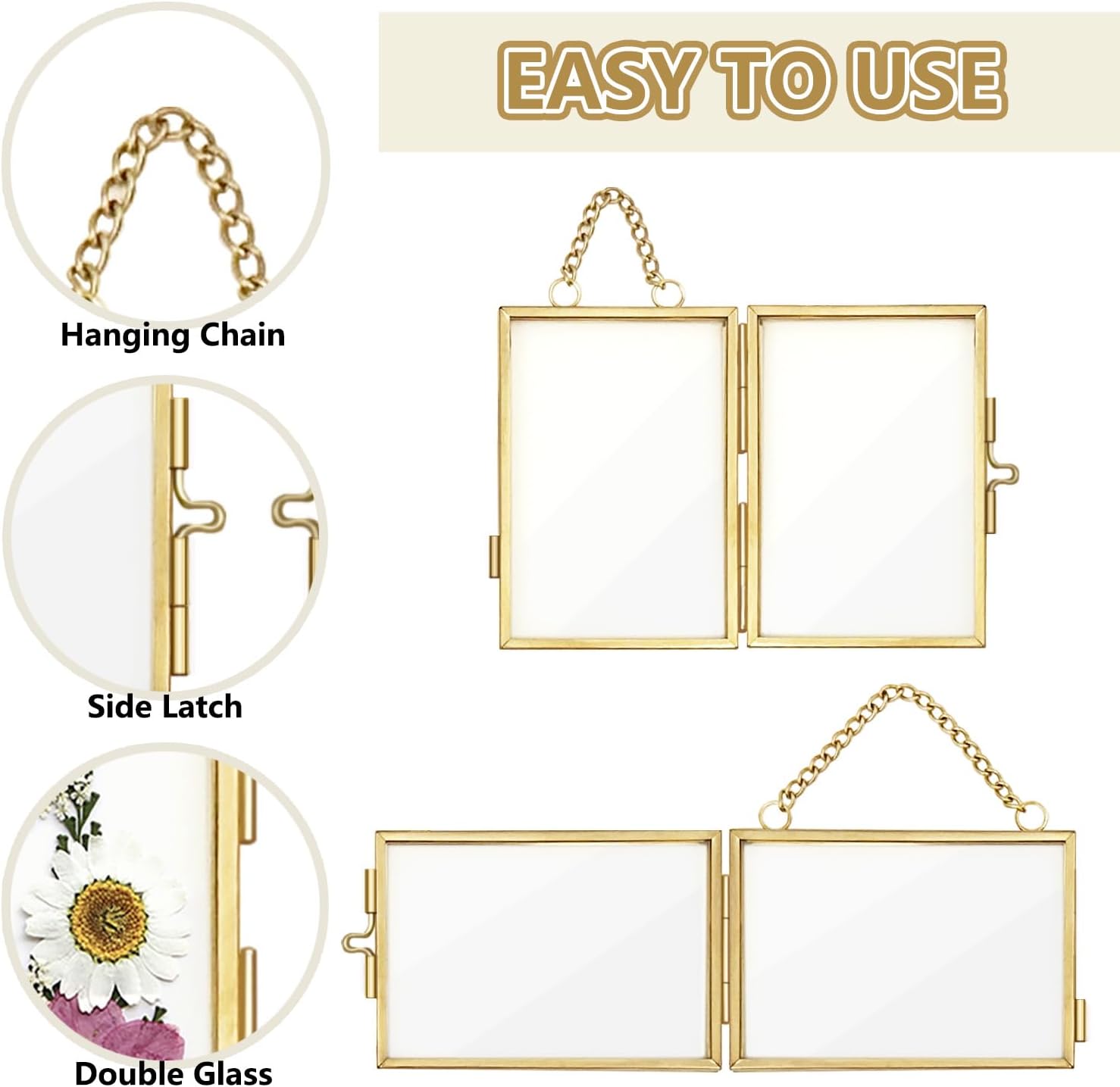 Skiennix Double Glass Frame - Mini Brass Wall Hanging Picture Frame for Pressed Flowers | 2x3 Inch, Gold