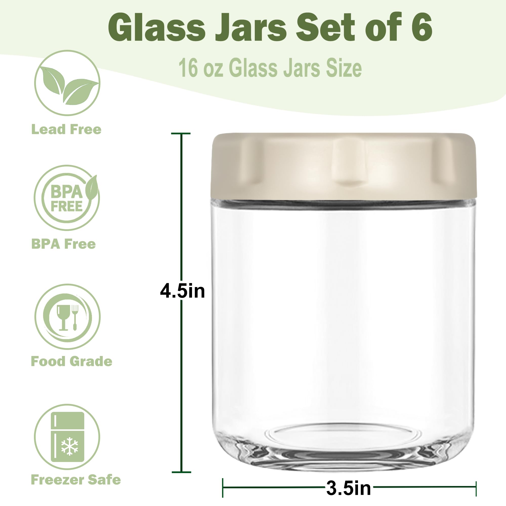 RYTSAS 6 Pack Glass Overnight Oats Jars with Airtight Lid, 16OZ Wide Mouth Mason Jars, Leak Proof Glass Food Storage Containers for Yogurt, Oats, Chia Pudding, Snacks, Spice, Sugar