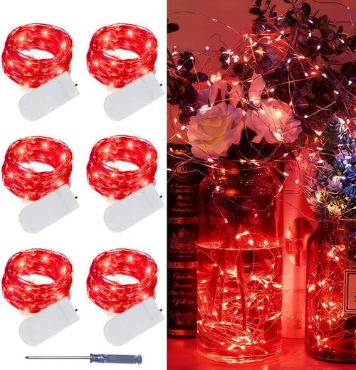 LAMPHOME 6 Pack Red Valentine's Fairy Lights - 7 ft Battery Operated LED Mini String Lights | Waterproof Silver Wire for DIY Decor