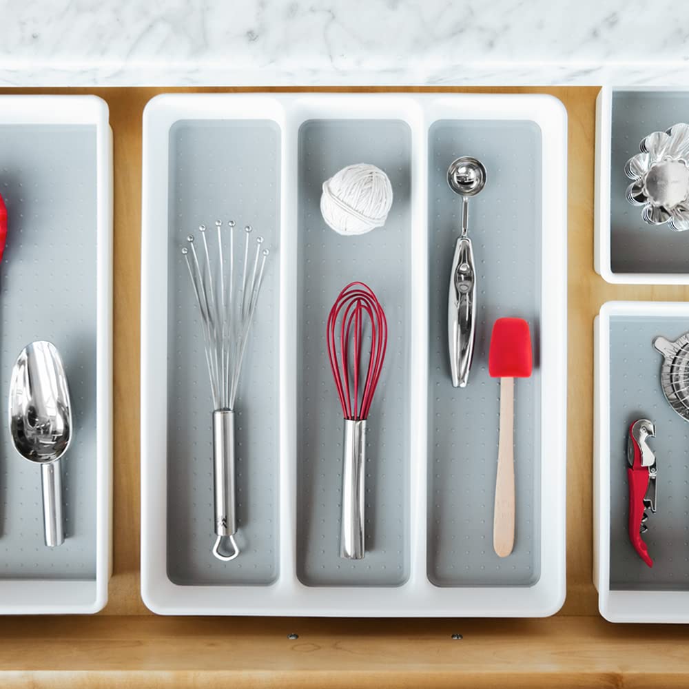 madesmart 3 Compartment Premium Utensil Tray, Multi Purpose Storage Organizer, Non Slip Lining, Deep Storage for Ladles, Whisks & Serving Tools, for Drawers & Home Organization, White