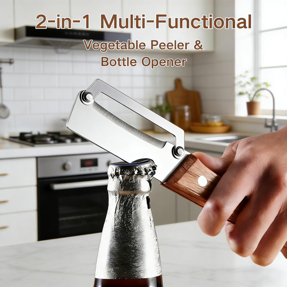 Skiennix Multi-Functional Vegetable Peeler - 2-in-1 Stainless Steel with Wooden Handle & Bottle Opener | Ideal for Potatoes, Pumpkins, Zucchini (2 Pcs)