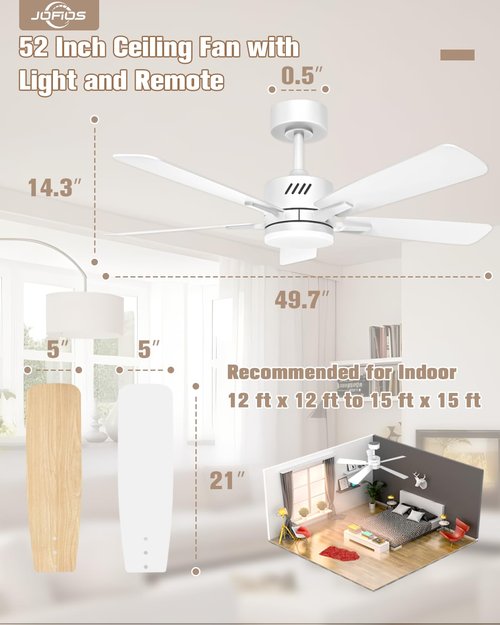 JOFIOS Ceiling Fans with Lights and Remote,52 inch Ceiling Fan with Adjustable Color Temperature,Dimmable 6-speeds Noiseless Revisible DC Motor for Bedroom, Kitchen, Living Room（White）