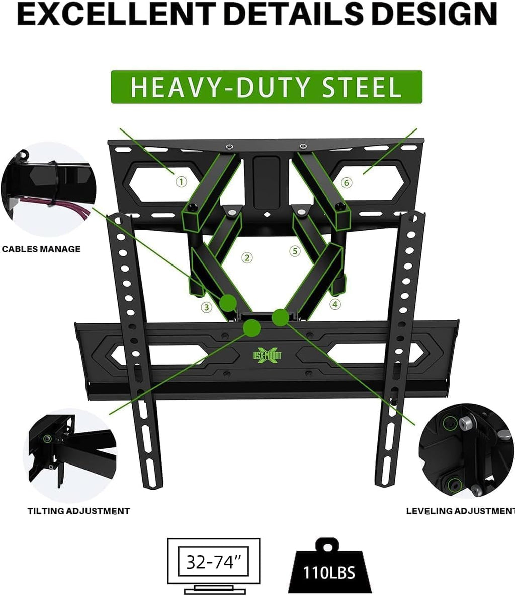 USX MOUNT Full Motion TV Wall Mount for 32-74 Inch Flat Screen | Swivel & Tilt Dual Arms, Max VESA 400x400mm