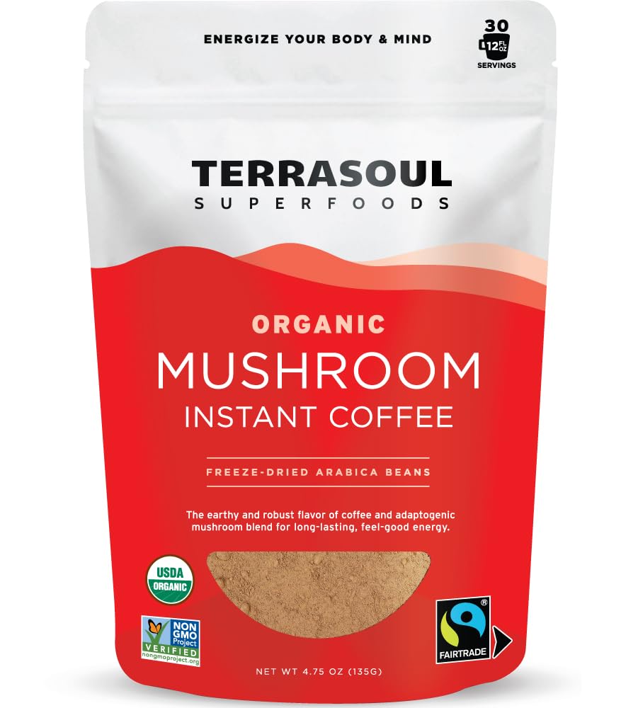 Terrasoul Superfoods Organic Instant Mushroom Coffee, 30 Servings, 4.75oz - Fair-Trade | Freeze-Dried | Medium Roast | Arabica Beans