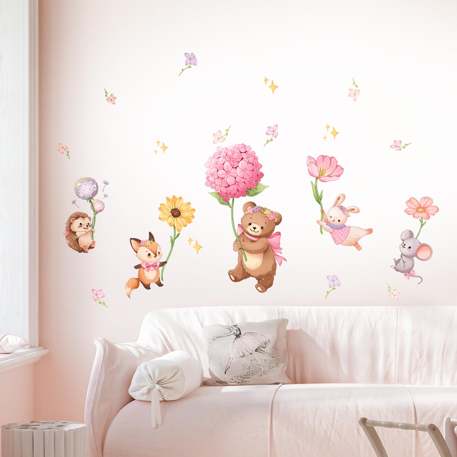 Pink Cartoon Animal Wall Decals, Bear Squirrel Rabbit Holding Flowers Flying Wall Stickers Peel and Stick Wall Decal Self Adhesive Wall Art Sticker for Girls Baby Nursery Kids Room Home Decor