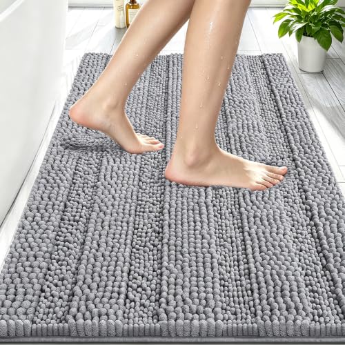 Smiry Chenille Bath Mat 30x20 - Soft, Absorbent, Grey