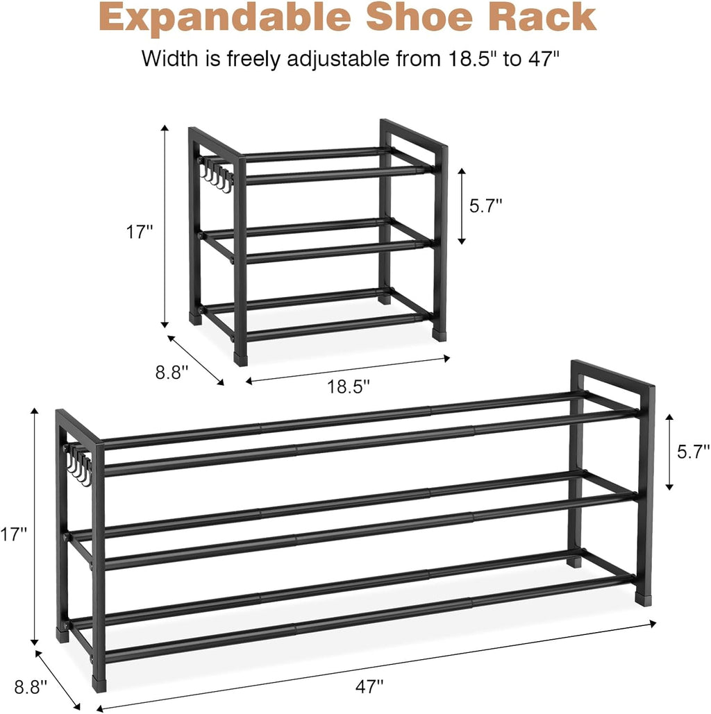 Skiennix Expandable Shoe Rack - Adjustable 3-Tier Organizer for 18 Pairs | Sturdy Metal Storage in Black