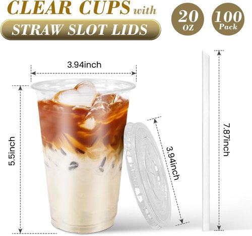 Ginkgo 20oz Clear Plastic Iced Coffee Cups - 100-Pack, Leak-Proof & Sturdy with Lids and Straws