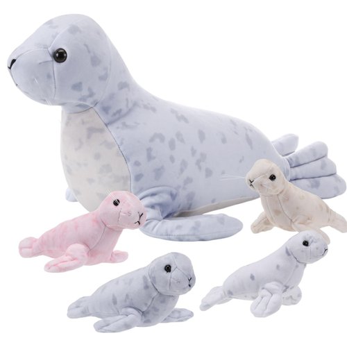 Hollowfly 5 Pcs Seals Plush Set 18" Large Seals Pillow with 4 Cute Babies Stuffed Animal in Zippered Belly Nurturing Plushes Toy Gift for Kids Adults Birthday Christmas Holiday Part