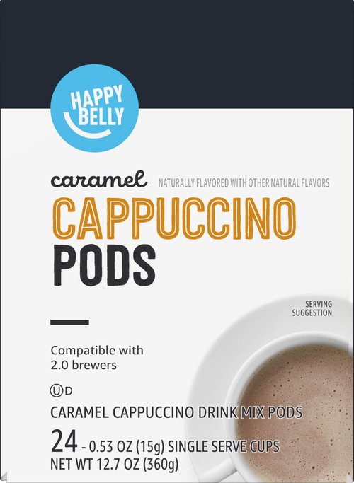 Happy Belly Cappuccino Coffee Pods - Light Roast Caramel Flavor | 24 Count Compatible With K-Cup Brewers