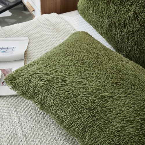 Fluffy King Size Pillowcases Set of 2 Faux Fur Covers - Sage