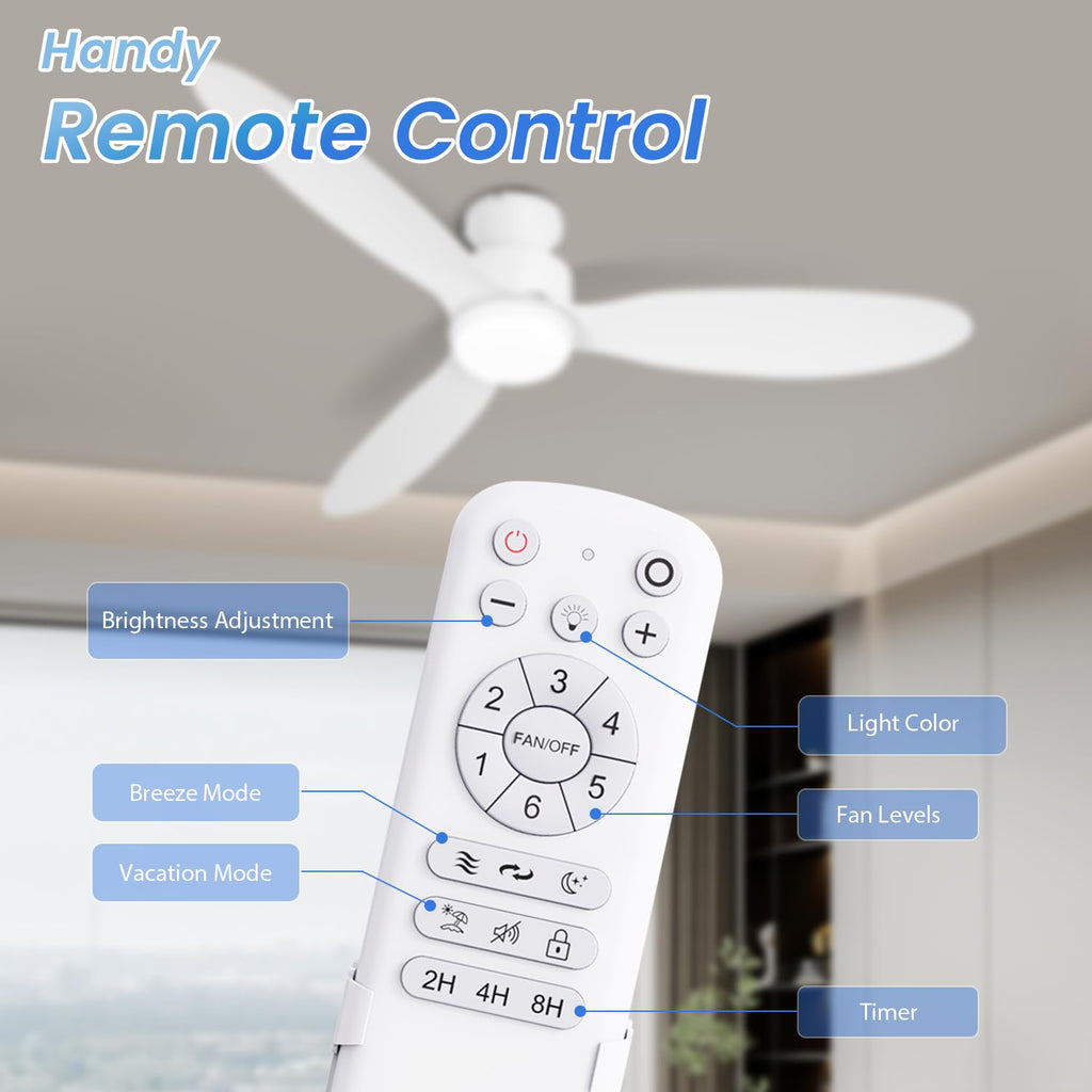 OUATER 52 inch Ceiling Fan with Light and Remote, Flush Mount Low Profile Ceiling Fans with Remote, 3 Color Light, 6 Speed, DC Motor, (ABS, Classic White)