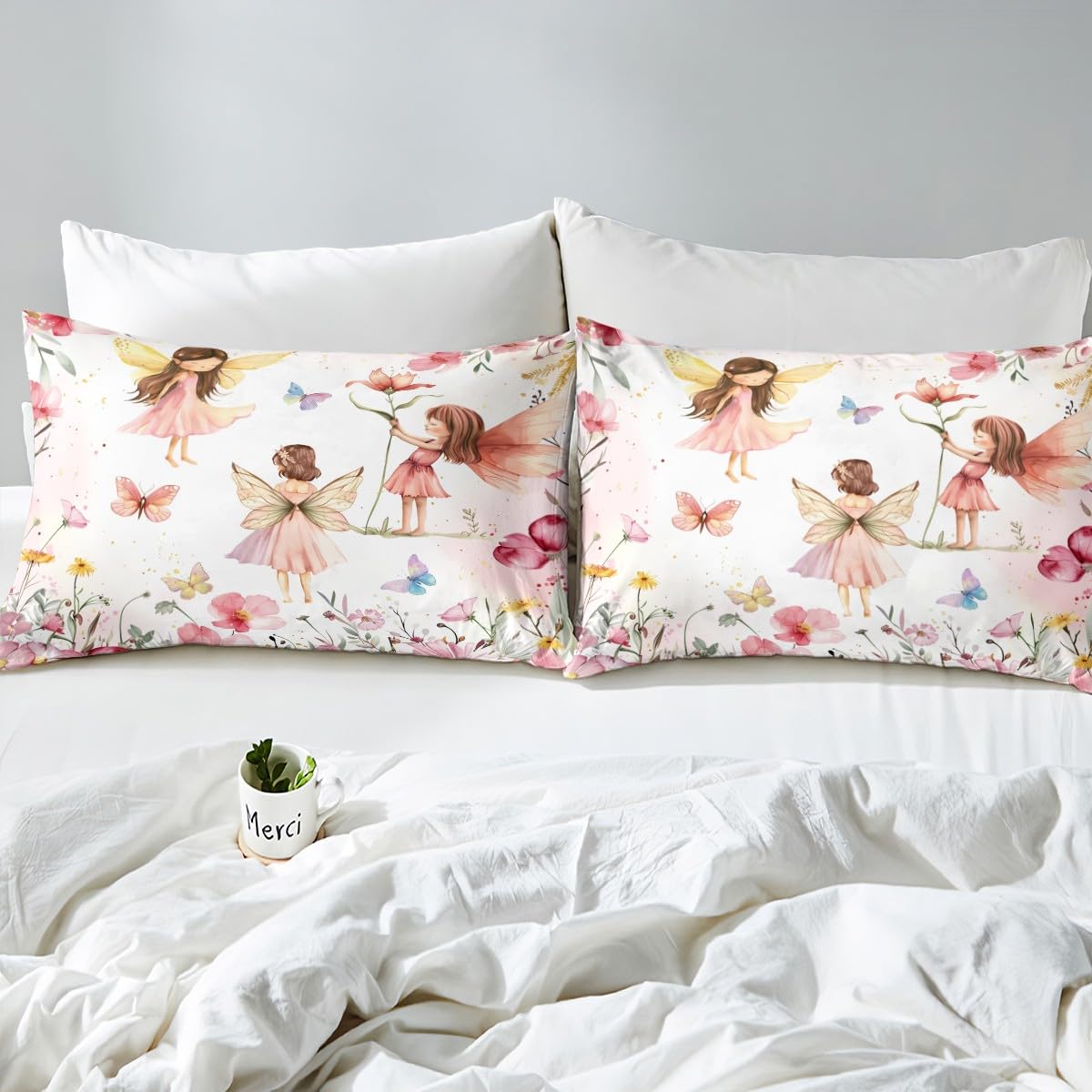 Erosebridal Dreamy Fairy Twin Comforter Set,Pink Fairy Garden Bedding Sets for Girls Kids,Cute Floral Butterfly Quilt Bed Set,Princess Girly Coquette Bedroom Decor,1 Pillowcase Reversible