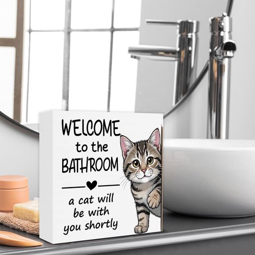 Funny Bathroom Cat Decor Welcome to the Bathroom a Cat Will Be with You Shortly Rustic Wooden Box Sign for Home Toilet Shelf Wall Decor