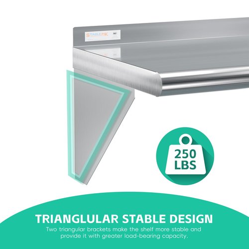 STABLEINK Stainless Steel Shelf 12x24 Inches, Heavy Duty Commercial Shelves with 2 Brackets Wall Mount Metal Shelving for Restaurant,Kitchen,Laundry Room,Garage,Home