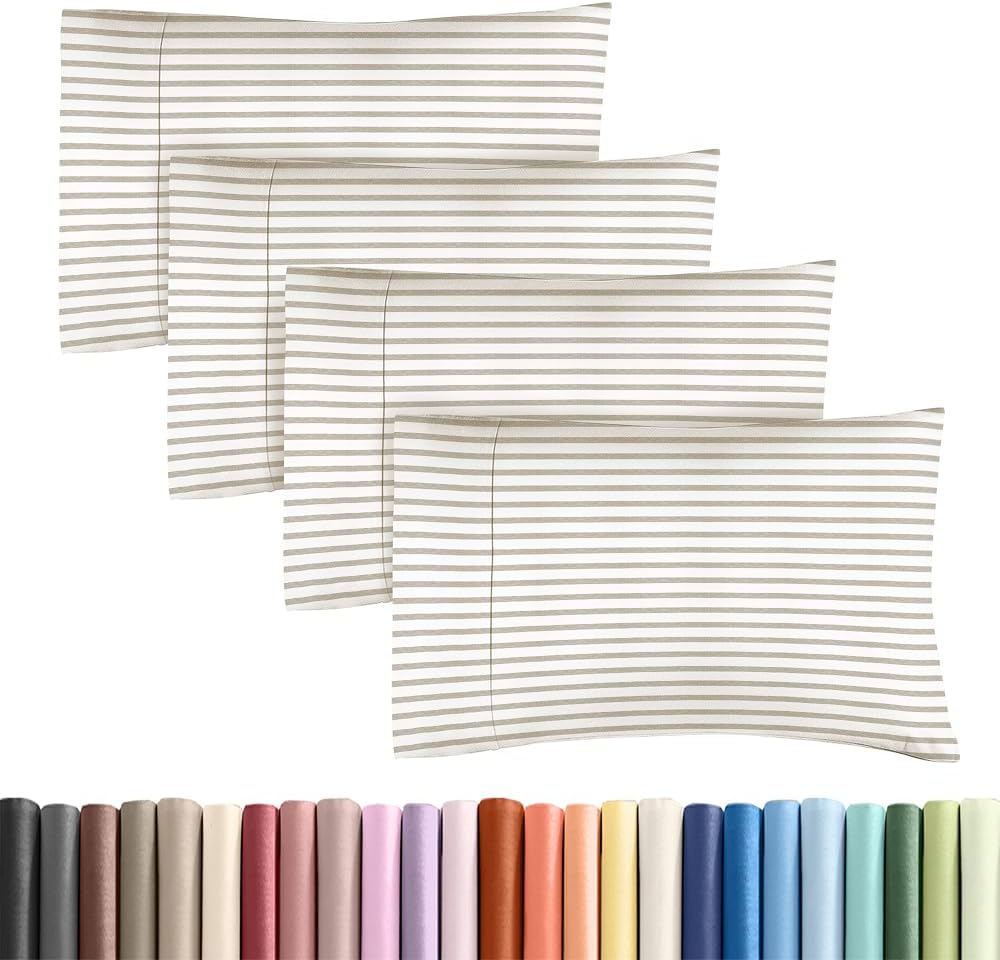 Skiennix Standard Pillow Cases Set of 4 - Soft Hotel Quality Covers - Machine Washable Beige Stripes