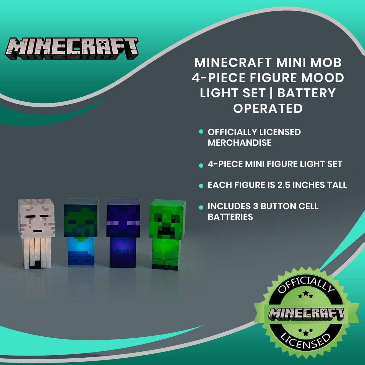 Minecraft Mini Mob 4-Piece Figure Mood Light Set | Battery Operated LED Lights