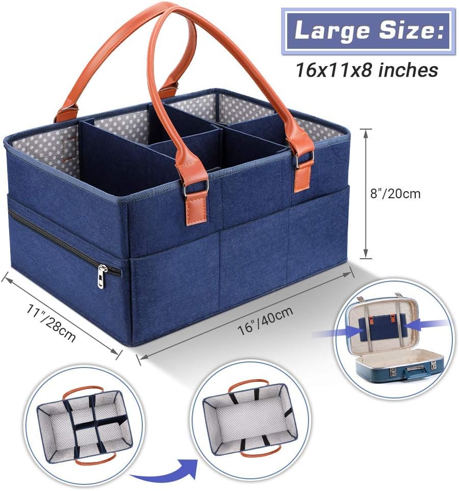 Marhynchus Large Portable Nappy Storage Basket - Felt Fabric Baby Diaper Caddy with Detachable Divider | Navy for Nursery & Travel