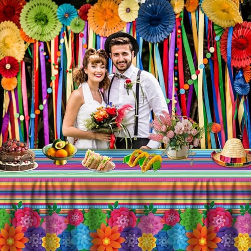 Mexican Fiesta Tablecloth Set 3Pcs 51x86in Colorful Striped Party Cover