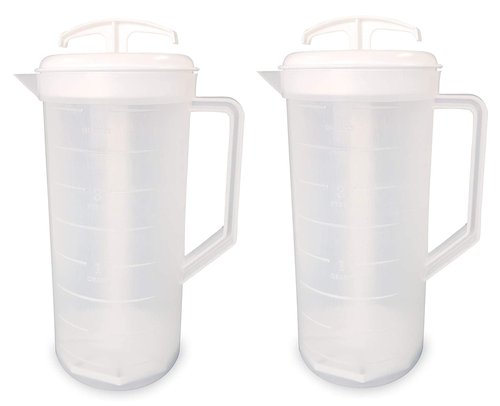 JBK Pottery 2-Quart White Mixing Pitcher with Plunger – BPA-Free Plastic Jug for Juice, Milk, Tea, Shakes, and More – Dishwasher-Safe, Spill-Proof Lid, Smart Stirring Design, 2 Pack